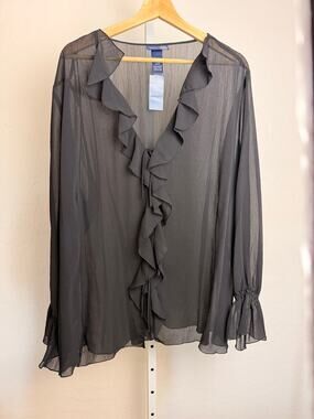 Venezia Jeans Black Sheer Ruffle Tie Front Blouse Top Womens 26/28 NWT